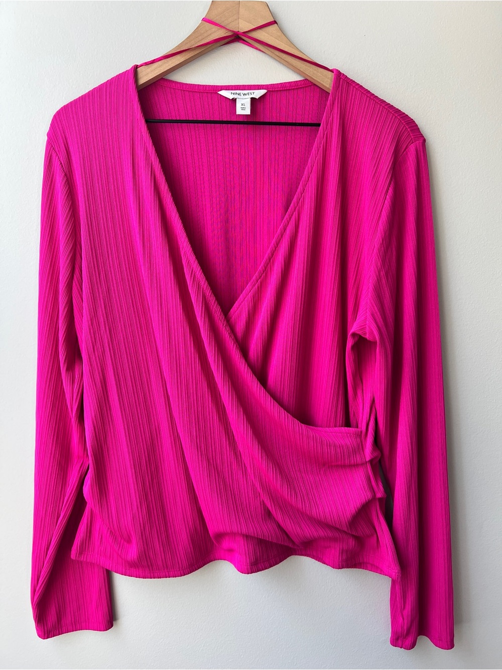 Nine West Textured Wrap Blouse XL  Pink Ribbed Ruched Sides